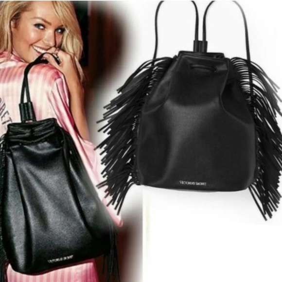 ?Victoria’s Secret Black Faux Leather DrawstringBucket Bag/Backpack W/ Fringe?